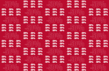 Seamless pattern with white outline text showing 50 percent discount on a vibrant red background, ideal for sale promotions and marketing materials.
