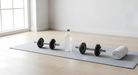 Clean Home Gym Setup with Dumbbells and Water Bottle