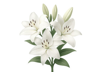 White lily flowers with buds and leaves transparent background