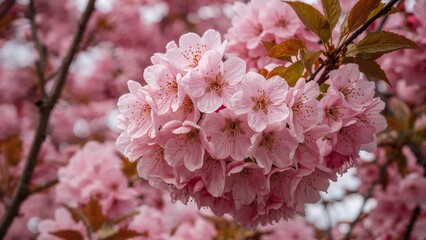Fototapeta premium Cluster of pink cherry blossoms with leaves on branches during springtime. Nature, floral, and beauty concept.