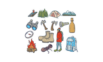 Hand-Drawn Illustration of Camping and Hiking Equipment and Supplies