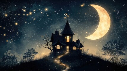 A whimsical illustration of a house on a hill, illuminated by a crescent moon and a starry night sky. The scene evokes a sense of fantasy and wonder.