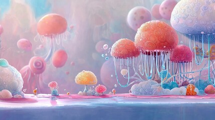 A whimsical landscape featuring colorful, stylized jellyfish and mushroom-like forms in a dreamy, pastel-colored environment.