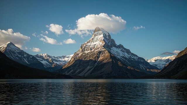 Snow-capped mountain in the distance with a lake in the foreground, part of a mountain range under a partly cloudy sky.