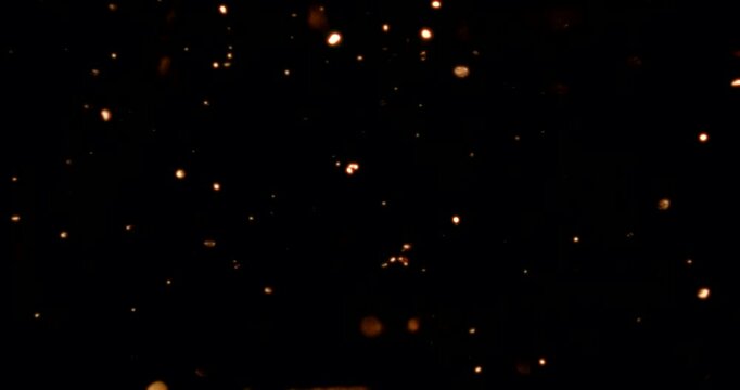 Red and golden particles shimmer in water against a dark background, reflecting warm light like cosmic dust&mdash;glowing, floating, glittering, universe-like atmosphere.