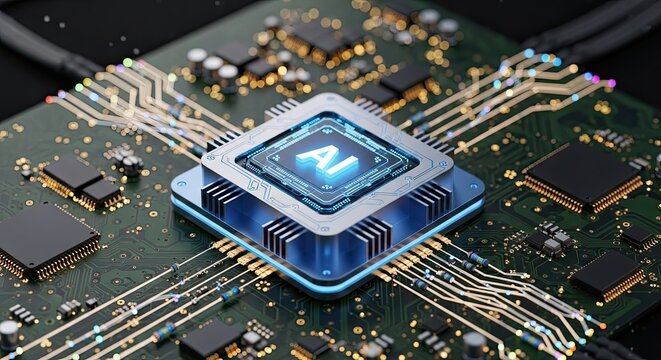 Perspective view of 3D AI data processing unit icon on motherboard
