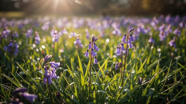 Purple flowers blooming in a field with sunlight shining through. Springtime and nature scene. The image captures the beauty of flowers and greenery in an outdoor setting.