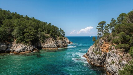 Fototapeta premium Scenic view of rocky coastline with lush green trees and blue ocean under a clear sky