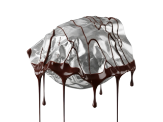 Metallic chocolate wrapper floating with elegant drips white background