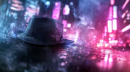 A wet fedora hat sits on a reflective surface in the rain with city lights in the background. The scene is illuminated by neon lights, creating a moody atmosphe
