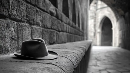 A black fedora hat rests on a stone ledge in a narrow alleyway. The image is in black and white, with a focus on the hat and the textured stone.