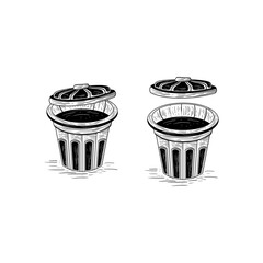 Metal trash can sketch engraving vector illustration. Scratch board style imitation. Hand drawn image.