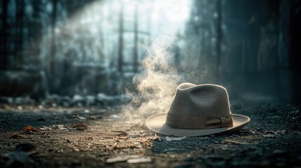 A fedora hat rests on the ground in a forest setting, with smoke rising around it. The scene is illuminated by dramatic lighting.