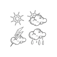 Sketch weather icons. Hand drawn rain, storm and snow. Clear sun and moon, tornado and hurricane wind, thermometer and retro umbrella vector set of weather elements, rain and storm sketch