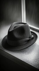 A dark gray felt hat sits on a wet surface, with raindrops visible. The image is in black and white, with dramatic lighting.