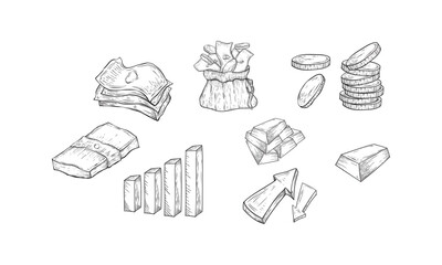 Currency, money, financial graph and diagram business icons isolated on white background. Hand drawn vector sketch illustrations. Investment and finance Infographic design elements