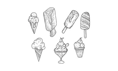 Ice cream dessert. Hand drawn black engraved vintage sweet delicious in bowl for restaurant isolated sketch vector vanilla drawing sundae icecream set