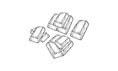 Sketch of gold bar ingots in engraving style. Black and white hand drawn vector illustration.