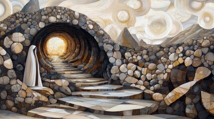 An abstract painting depicts a figure in white standing before a stone tunnel entrance with steps leading to bright light.