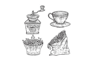 Coffee making objects set. Grinder, bag, beans, cup, moka pot coffee maker. Vintage hand drawn engraving etching style.