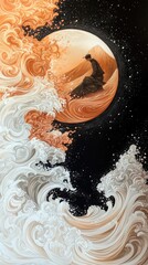 An artistic illustration features a figure sitting on a mountain within a circular frame, surrounded by stylized waves and a starry night sky.