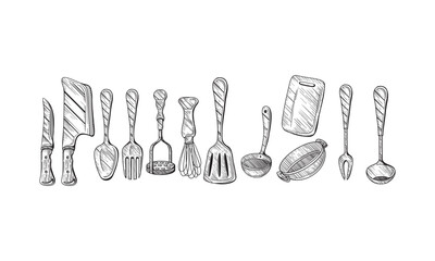 Kitchen utensil, tools set. Cooking collection. Vector hand drawn illustrations in sketch style. Isolated objects on white