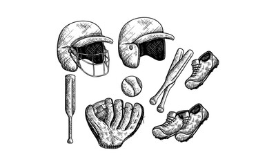 Baseball sports equipment. Vector hand drawn sketch illustration. Ball, glove, baseball bat, helmet icons isolated on white background