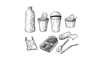 Plastic waste, vector sketch illustration. Hand drawn garbage and trash items, isolated on white background. Nonrecyclable material and goods icons set. Plastic pollution of environment concept.