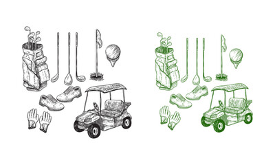 Golf club vector hand drawn icons and design elements set. Golf cart, ball, club, bag and accessories sketch illustration. Outdoor leisure activity stuff