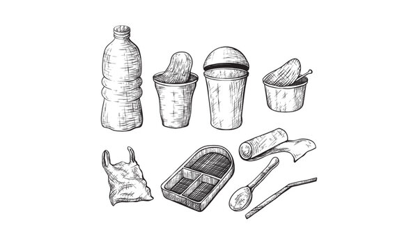 Plastic waste, vector sketch illustration. Hand drawn garbage and trash items, isolated on white background. Nonrecyclable material and goods icons set. Plastic pollution of environment concept.