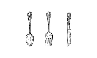 Cutlery set fork knife spoon sketch engraving raster illustration. T-shirt apparel print design. Scratch board imitation. Black and white hand drawn image.