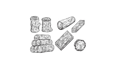 Wood logs, trunk and planks, vector sketch illustration. Hand drawn wooden materials. Firewood set.