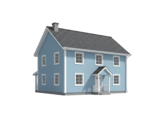 A Detailed Two Story Yellow House with a Blue Roof and White Trim Isolated on a Transparent Background Showing Front Steps and Windows