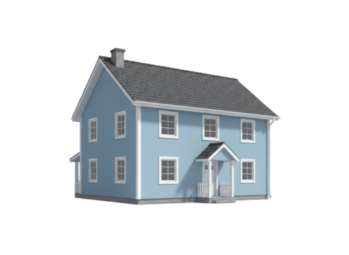 A Detailed Two Story Yellow House with a Blue Roof and White Trim Isolated on a Transparent Background Showing Front Steps and Windows - Powered by Adobe