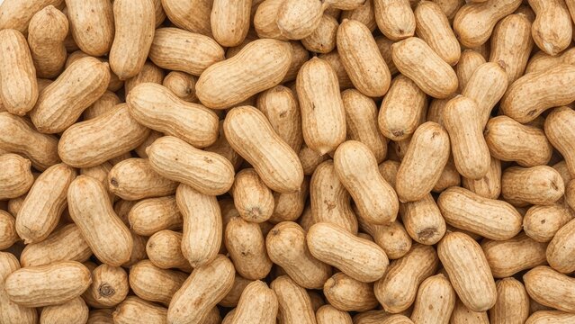 Close-up of peanuts in the shell, showing their textured surface and light brown color. - Powered by Adobe