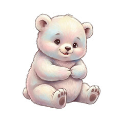 Adorable fluffy white teddy bear cub sitting with paws together soft pastel colors and gentle expression isolated on black background cartoon illustration