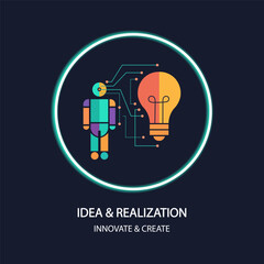 Conceptual illustration of idea generation and innovation with lightbulb and human figure
