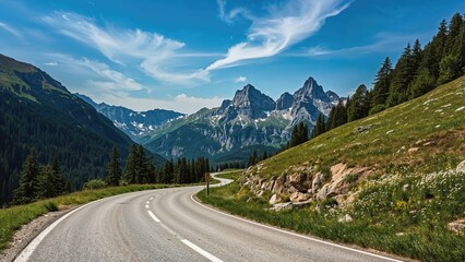 Fototapeta premium Scenic mountain road through lush green hills and towering peaks under a bright blue sky with wispy clouds.