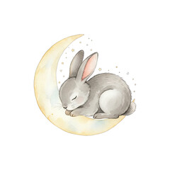 Adorable Grey Bunny Sleeping Peacefully on a Crescent Moon Surrounded by Twinkling Stars Watercolor Illustration Gentle Pastel Tones Isolated on White for Childrens Books and Nursery Decor