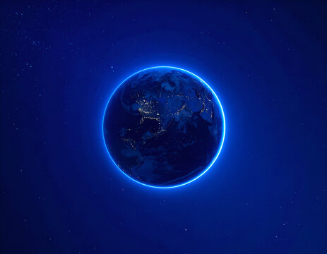 Night View of Earth Blue Planet with Illuminated Cities and Glowing Atmosphere from Space, Surrounded by Stars.