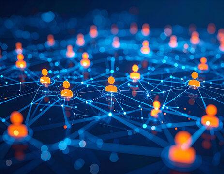 Digital network with interconnected user icons, representing global communication, social media, data sharing, and business connections concept.