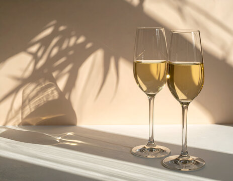 Two elegant champagne flutes with white wine under warm sunlight, casting stylish palm leaf shadows. Perfect for celebrations, romance, or a luxurious escape.