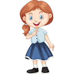 Smiling Young Girl With Brown Hair And Blue Eyes Wearing A Light Blue Collared Shirt And A Dark Blue Skirt With White Socks And Black Shoes Isolated On White Background