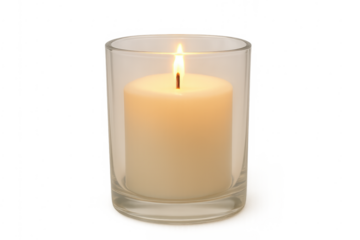 White candle burning inside glass holder