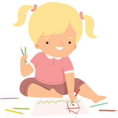 Smiling Young Girl with Blonde Pigtails Drawing on Paper with Colored Pencils on Transparent Background