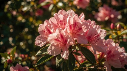 Pink azalea flowers in bloom in natural sunlight.