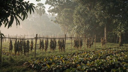 Obraz premium Dry leaves hanging on a clothesline in a farm or garden, with lush green plants and trees, capturing a rural or agricultural scene.