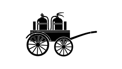 Fototapeta premium Vector illustration&nbsp;of black and white silhouette icon of an antique twowheeled fire cart with two fire extinguishers, isolated on transparent background