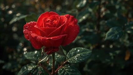 Red rose with dew drops on petals and leaves. Nature, flowers, and garden scene. Close-up of blooming rose with lush greenery background.