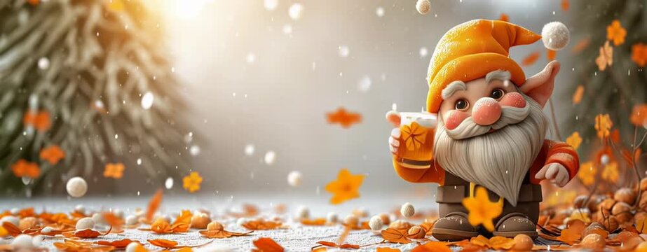 Cute autumn gnome in orange hat holding beer in festive forest scene. Video.